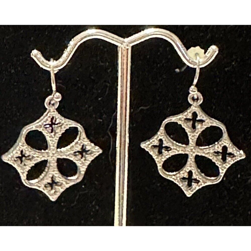 Silver Tone Open Work Dangle Drop Earrings Marcasite Cross Hook Pierced